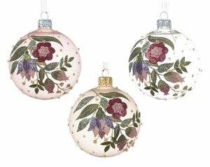 Bauble glass clear floral 3colours assorted